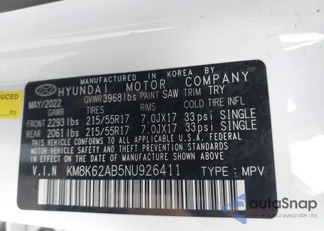 2022 Hyundai Kona Sel z USA, uszkodzony, nr VIN KM8K62AB5NU926411